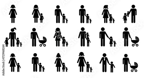 A Collection of Diverse Stick Figure Family Groupings and Individual People Representations