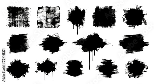 A Collection of 15 Diverse Abstract Ink Splatter Brush Stroke Textures and Grunge Effects for Creative Design Projects and Artistic Backgrounds