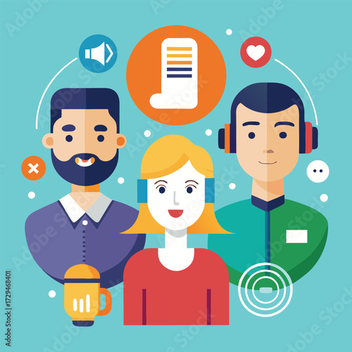Diverse group of people with headphones and microphones representing communication technology podcasting audio recording and online broadcasting with digital icons
