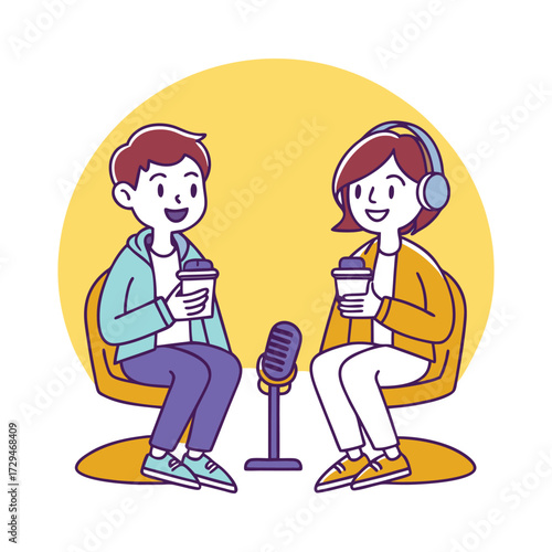 Two cheerful cartoon people sitting in chairs holding coffee cups and talking into a vintage microphone recording a podcast interview or conversation