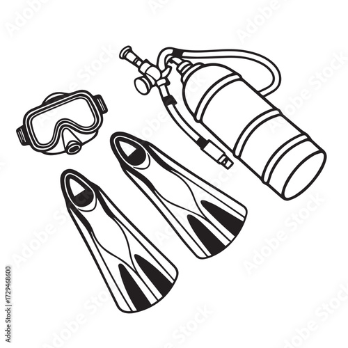 Illustration of scuba diving equipment isolated on white background, featuring a mask, oxygen tank, and flippers, rendered in a clean, minimalist style with bold outlines and no shading