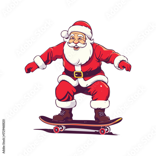 Cheerful Santa Claus balances on a skateboard, spreading holiday joy with a smile.