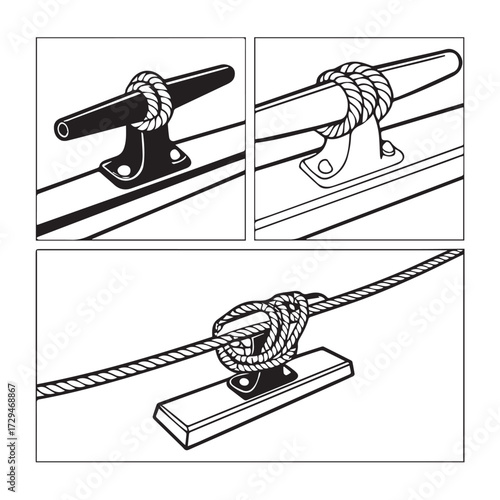 Illustration of a mooring cleat with a rope tied around it, showcasing different angles and perspectives, isolated on white background nautical and maritime themes are prominent