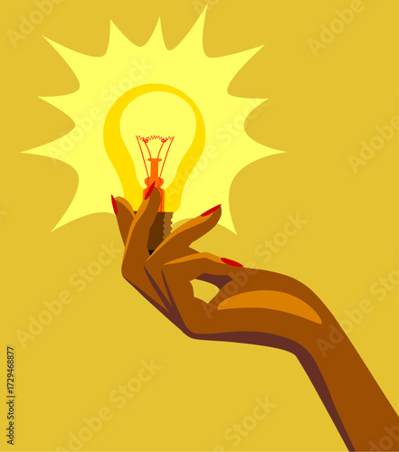 A woman's hand holds a glowing glass electric light bulb on a yellow background. Vector illustration in a flat, minimalistic style.