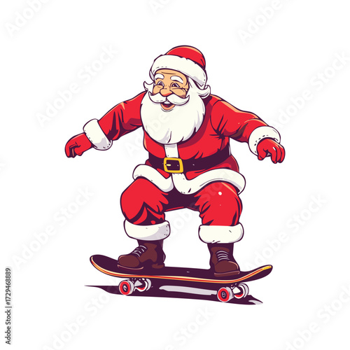 Santa Claus wearing his red suit and hat, skateboarding with a happy expression.