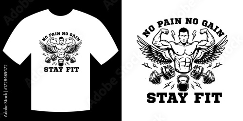 T-Shirt Design: No Pain No Gain - Inspirational Fitness Theme