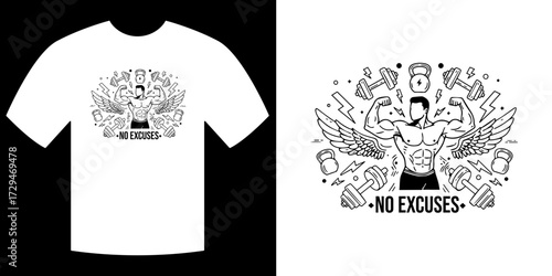 Gym T-shirt Design: A striking monochrome illustration of a muscular physique with outstretched wings, is emblazoned upon a crisp T-shirt, encircled by workout tools.