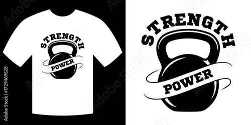 Kettlebell Design on Shirt: A graphic design showcasing a kettlebell, an emblem of strength and power, prominently displayed on a crisp white shirt.