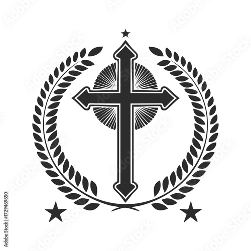 Stylized Christian cross with radiant halo, framed by laurel wreath and flanked by stars.