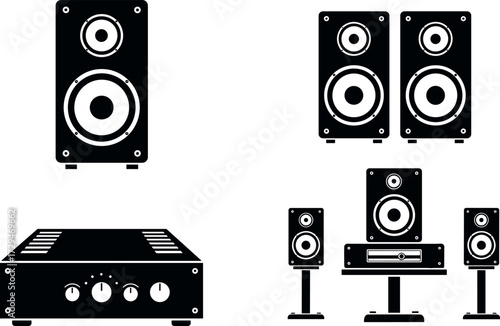 Black and White Vector Set of Audio Equipment Including Speakers, Amplifiers, Home Theater System, Stereo Components, and Sound Devices