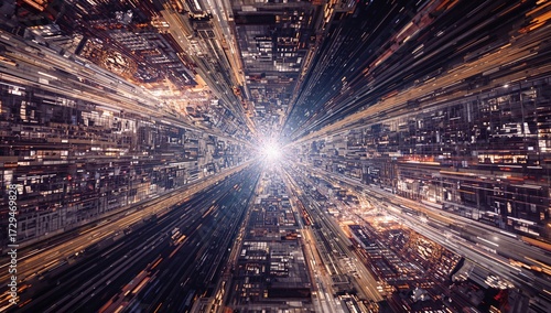 Futuristic Skyline Seen from Above with Mirror Effects in a Parallel Universe