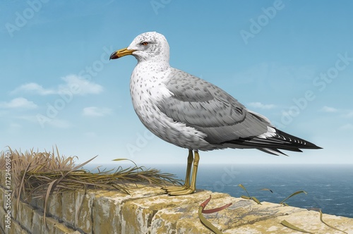 A hybrid gull combining traits of two different species perched on a barrier