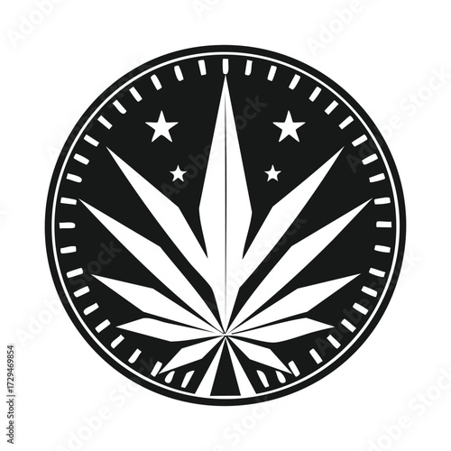 Circular emblem featuring a stylized cannabis leaf with stars above, surrounded by a notched border.