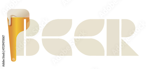 Creative Beer Typography Vector with Foamy Glass and Modern Geometric Letters, Minimalist Design for Bar, Pub, Party, Brewery