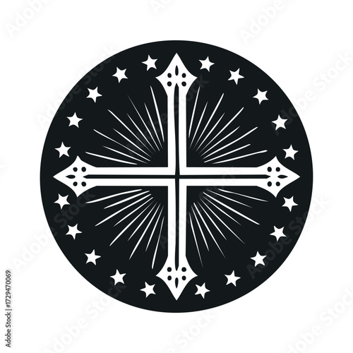 A black circle containing a white ornate cross with radiating lines, surrounded by white stars.