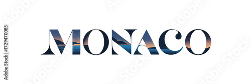 Monaco Text with Scenic Coastline Double Exposure Typography, Sunset Horizon and Ocean View, Modern Travel Poster Design on Transparent Background