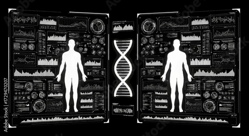 Futuristic Medical Technology Displaying Human Anatomy and DNA Sequencing Data Visualization Science