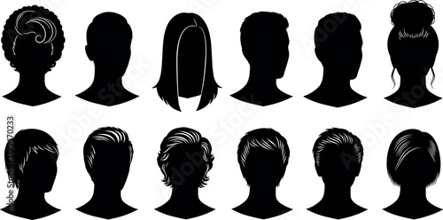 Black hairstyle silhouette vector set featuring diverse haircuts, textures, and styles for fashion, beauty, salon, barber, and design themes.
