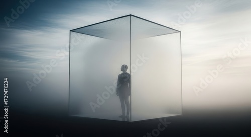 Person standing inside a glass cube in a foggy environment