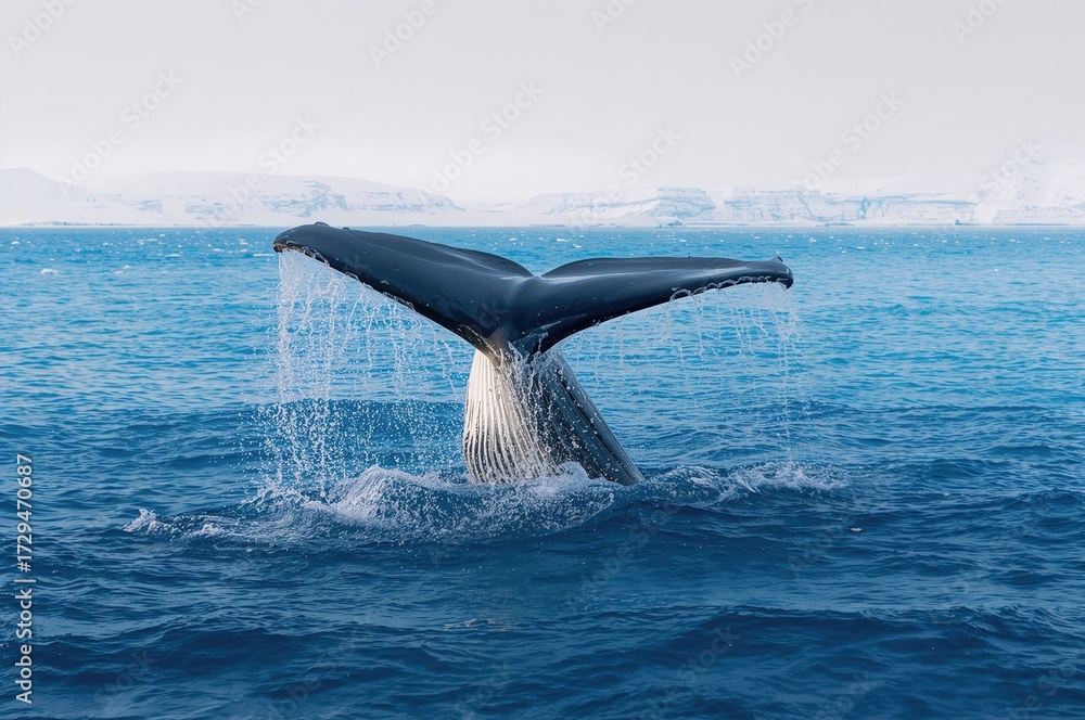 Fototapeta premium Whale with a tail diving deep in the clear blue sea