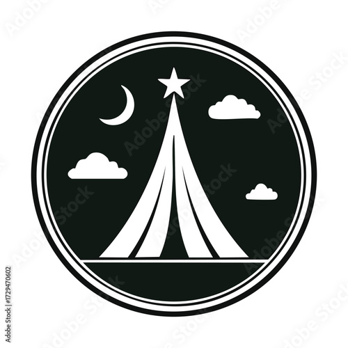 A stylized black and white circular logo featuring a tent-like structure, star, moon, and clouds.