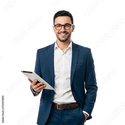 Portrait of a smiling businessman wearing glasses and a blue suit, holding a tablet in his hand on a white background