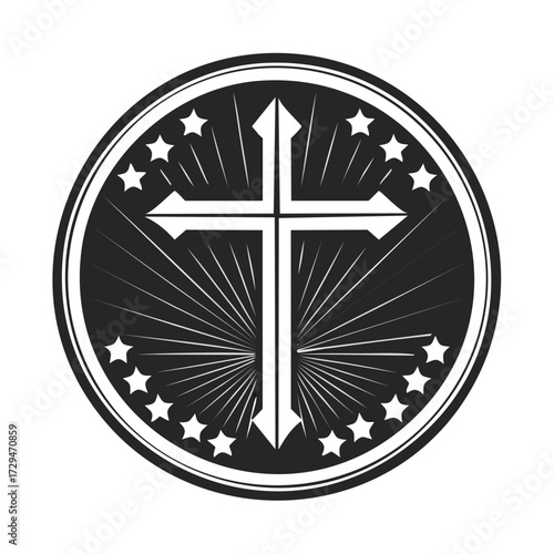 A circular emblem featuring a cross with radiating lines, surrounded by stars on a black background.