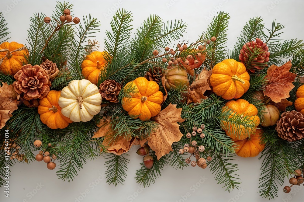 Fototapeta premium Autumn holiday home decor featuring colorful mini pumpkins, green foliage, pinecones, and acorns, white backdrop, close-up shot