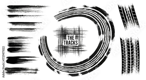 Collection of Diverse Tire Tracks and Brush Strokes for Dynamic Design Elements