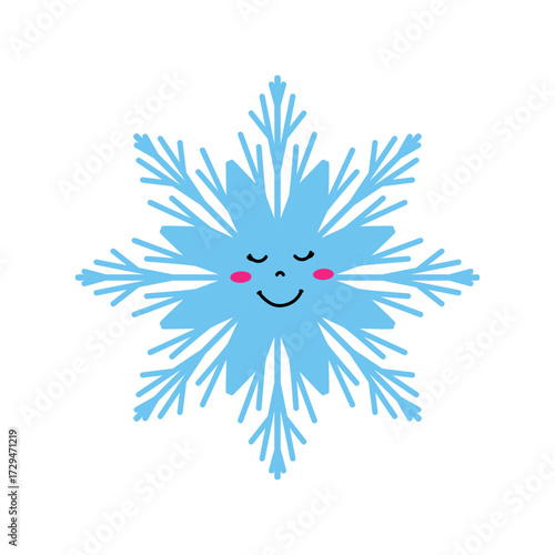 Cute blue snowflake with a smiling face and rosy cheeks.