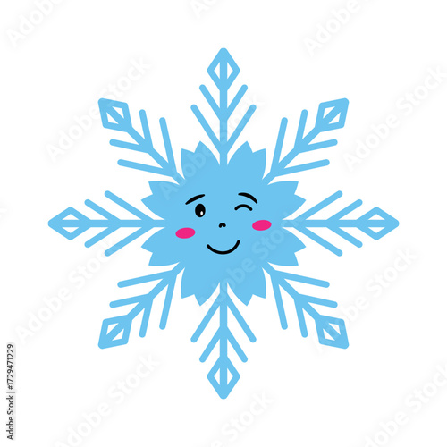 Cute Blue Snowflake Character. Adorable blue snowflake with a winking face, pink cheek