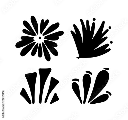 Fireworks, bursts, doodle spark shapes. Bold black vector silhouettes of festive explosion elements and abstract celebration icons. Unique hand drawn design with starburst, spark lines, and decorative