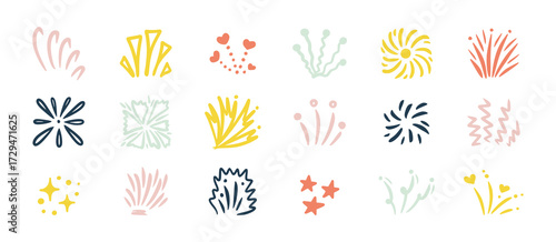 Fireworks, sparkles, doodle bursts. Festive hand drawn vector set of colorful star icons, explosion elements, and celebration shapes. Unique pastel design with fireworks, spark lines, glowing stars
