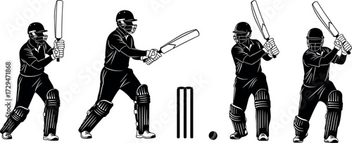Cricket batsman vector illustration showing multiple batting stances, sports action poses, professional gear, and dynamic movement for educational use
