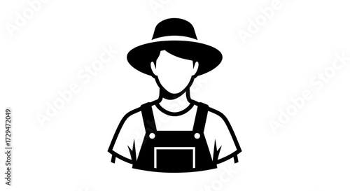 A Stylized Icon Depicting a Person Wearing Overalls and a Wide-Brimmed Hat Symbolizing Farming Agriculture Rural Life and Traditional Workwear in a Simple Black and White Graphic Style