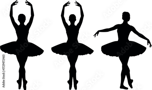 Elegant ballet dancer silhouettes in classical poses wearing tutus, performing en pointe with graceful arm positions and poised footwork.