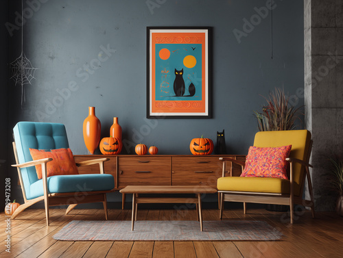 funky minimalist retro living room interior, mid-century modern furniture, vibrant colors, bold patterns, clean lines, Halloween decorations, spooky atmosphere, Halloween-themed poster on the wall, wa