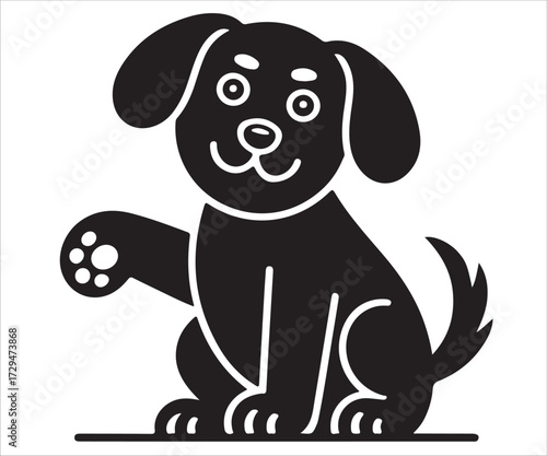 Cute cartoon dog vector silhouette of happy puppy sitting with raised paw