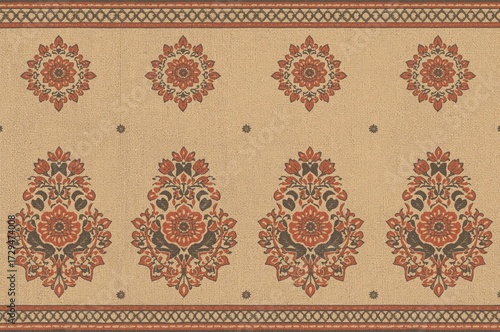 Handcrafted geometric border artwork illustration. Ideal for fabric prints, wallpaper, and wrapping paper backgrounds.