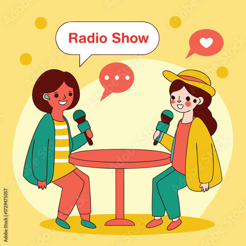 Two cheerful young women with microphones sitting at a table during a lively radio show interview engaging in conversation with speech bubbles and hearts