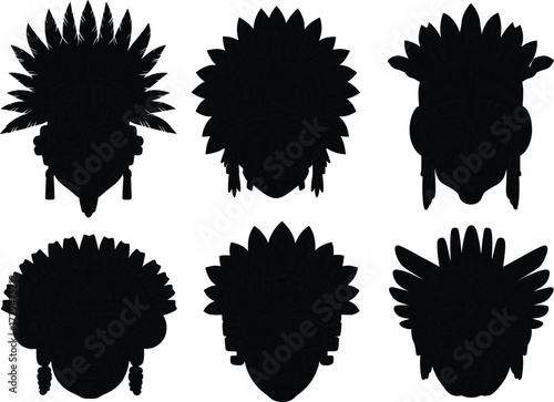 Tribal silhouette head profiles with ornate feather headdresses, cultural ceremonial fashion, indigenous art design, ethnic traditional costume, abstract illustration