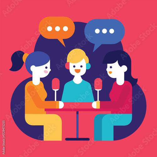 Three diverse people wearing headphones sitting at a table with microphones recording a podcast conversation with speech bubbles above their heads