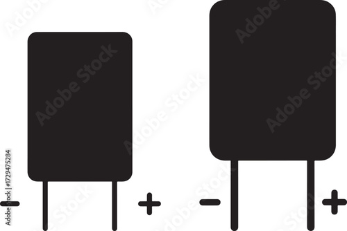 Two black rectangular electronic component silhouettes with polarity markings isolated on white background