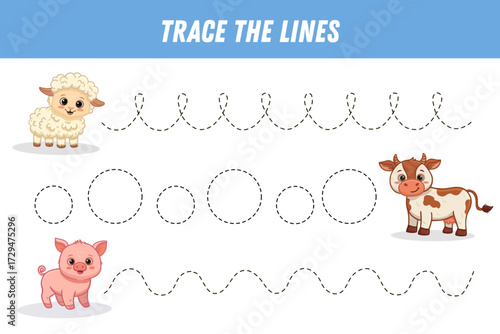 Tracing lines for kids. Cute cartoon animals: pig, cow, sheep. Handwriting practice. Educational game for preschool kids. Activity page. Vector illustration. 
