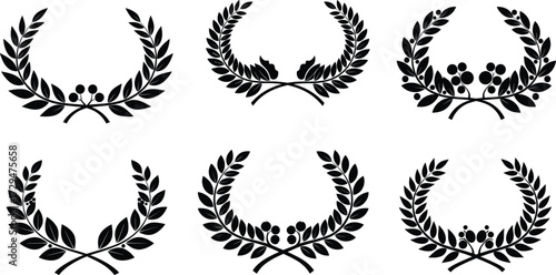 Laurel wreath vector, black silhouette emblem, victory award design, achievement symbol, honor badge illustration, decorative crest, classic triumph icon, success