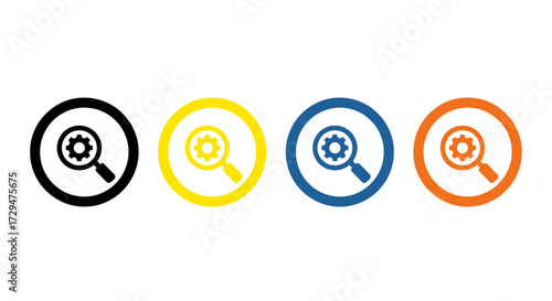Four Colorful Circular Icons Featuring a Magnifying Glass with a Gear Symbol Inside Representing Search and Settings Functionality
