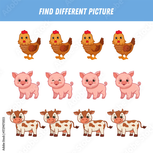 Find different animal picture in each row. Logical game for kids. Cartoon cow, pig, chicken. Farm animal in flat style for children's worksheet and activity pages. Vector illustration