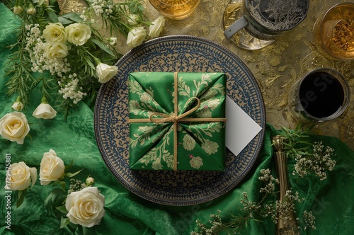 Green fabric wrapped gift u...