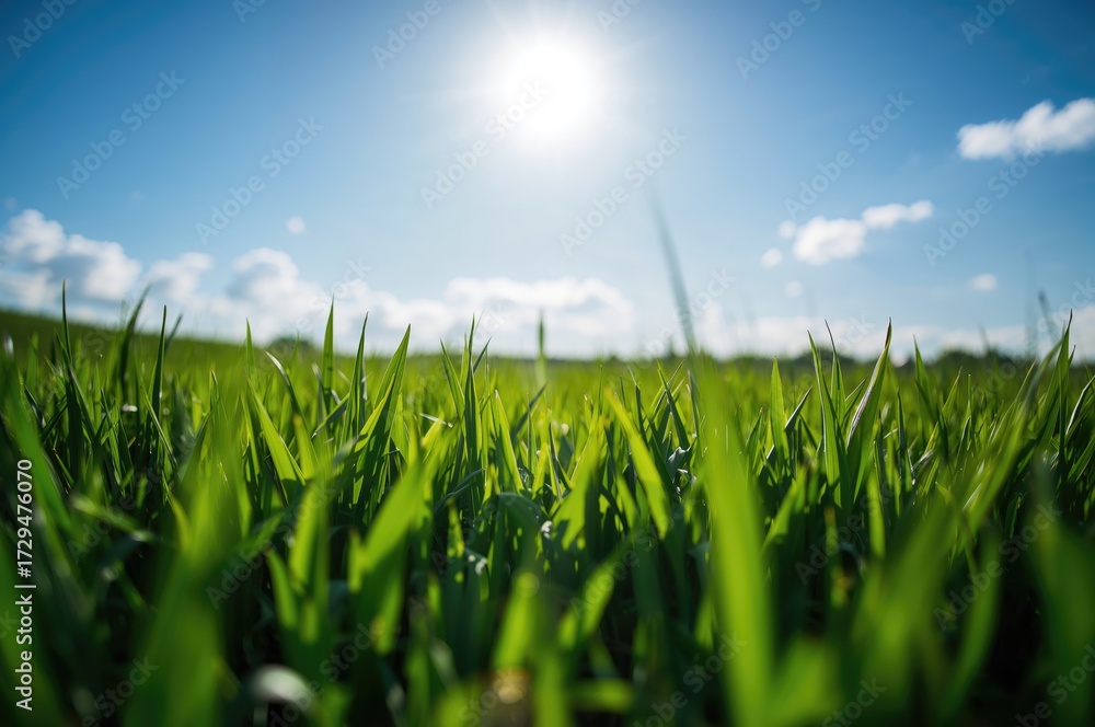 Obraz premium Sun shining over green grass under a clear blue sky
