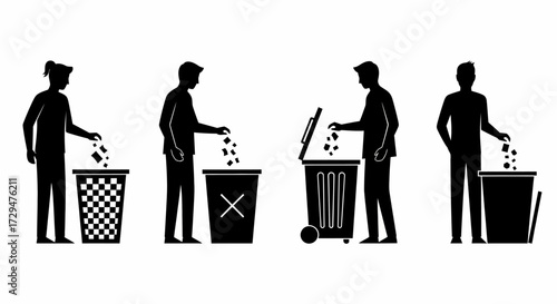 Illustrations of people throwing trash into different types of waste bins demonstrating proper disposal methods for maintaining cleanliness and hygiene